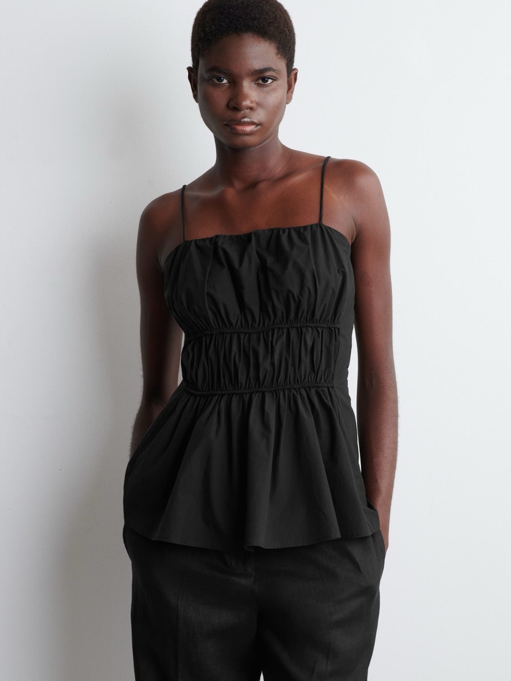 COS Gathered Cotton Peplum Top in Black, Size 4